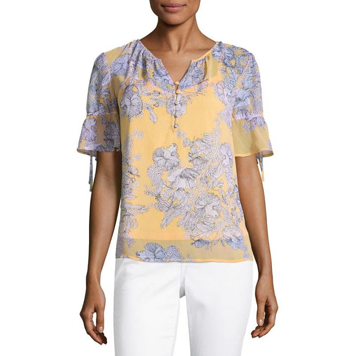 Liz Claiborne Short Ruffle Sleeve Split Crew Neck Woven Floral Blouse