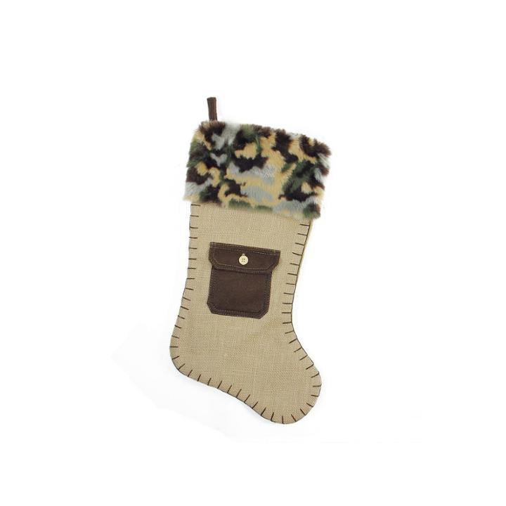 20.5 Burlap And Brown Pocket Christmas Stocking With Camouflage Faux Fur Cuff