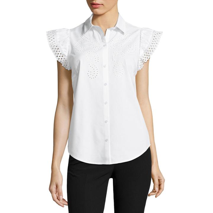 Worthington Short Sleeve Eyelet Button-front Shirt