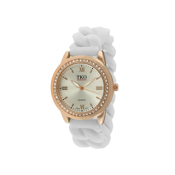 Tko Orlogi Womens Crystal-accent Chain-link White Silicone Strap Stretch Watch