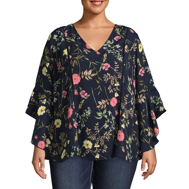 Belle + Sky 3/4 Sleeve V Neck Woven Blouse-plus