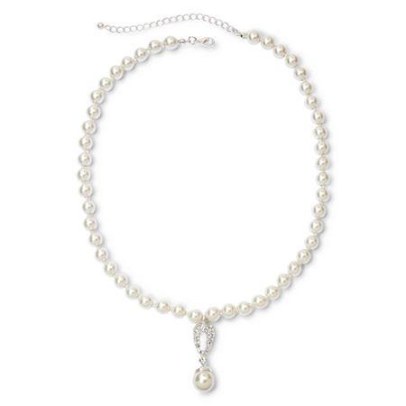 Vieste Silver-tone Pearlized Glass Bead Pav Pendant Necklace