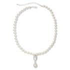 Vieste Silver-tone Pearlized Glass Bead Pav Pendant Necklace