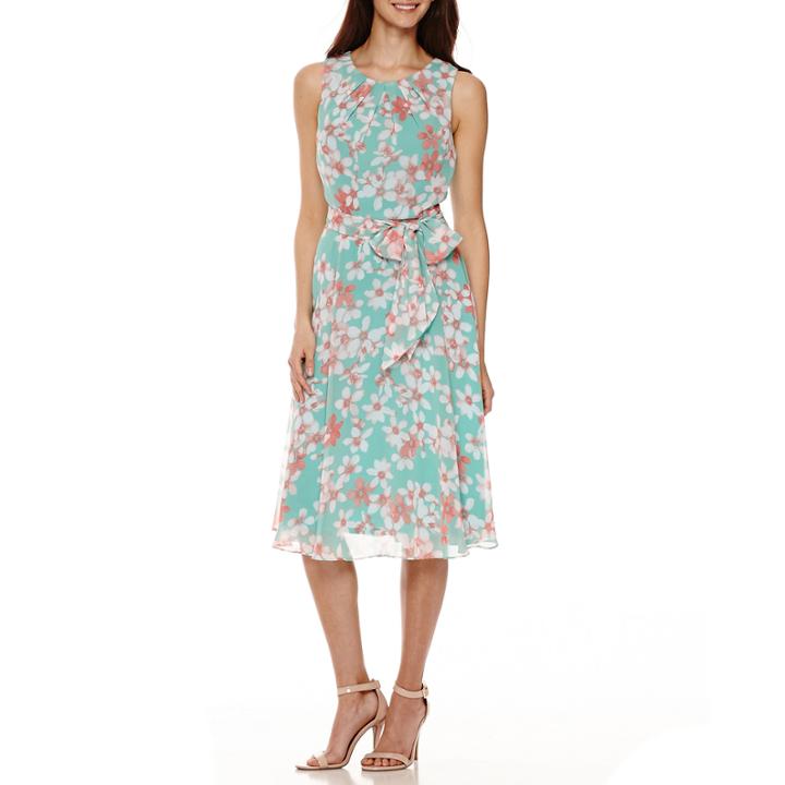 R & K Originals Sleeveless Belted Dot Print Fit-and-flare Dress - Petite