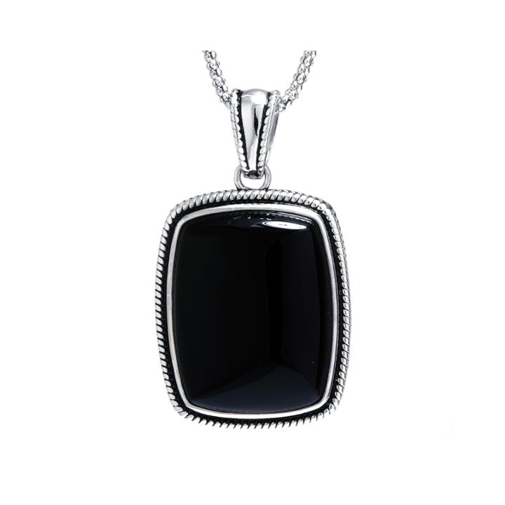 Genuine Black Onyx Sterling Silver Rectangular Pendant Necklace