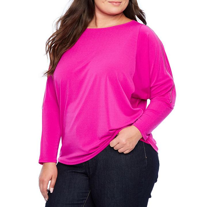Bold Elements Long Sleeve Crew Neck Crepe Blouse-plus