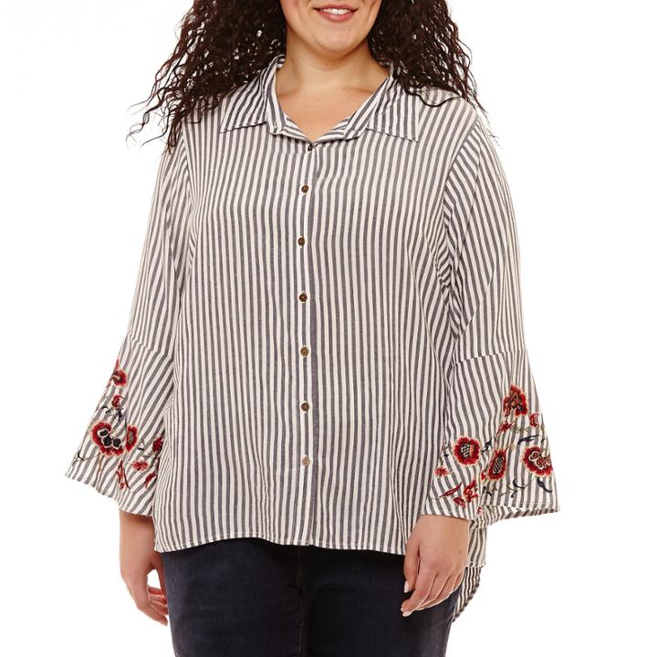 Long Bell Sleeve Striped Guaze Button Up Shirt-plus