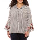 Long Bell Sleeve Striped Guaze Button Up Shirt-plus