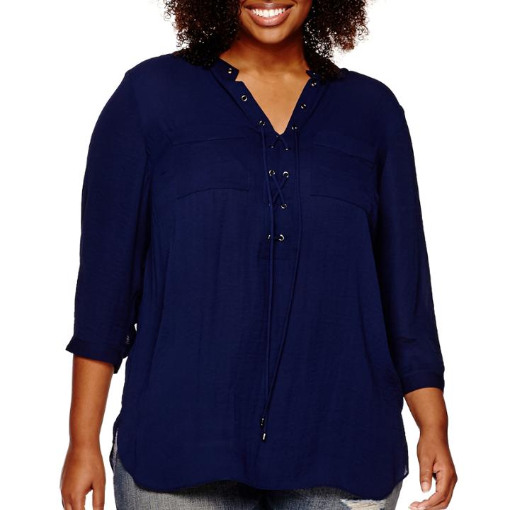 A.n.a 3/4-sleeve Lace-up Woven Blouse - Plus
