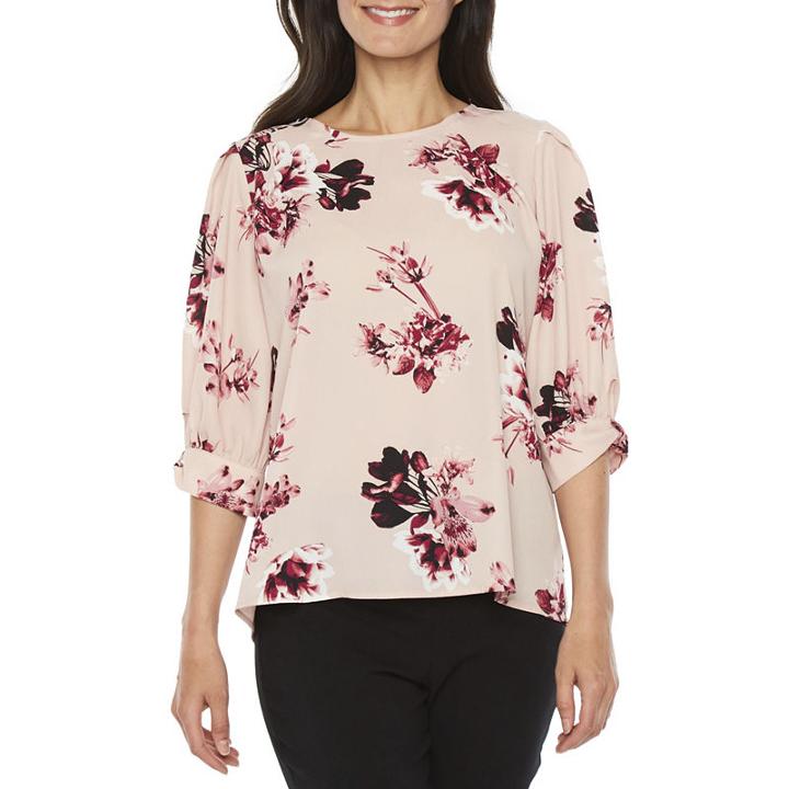 Worthington Long Sleeve Round Neck Georgette Floral Blouse-petite