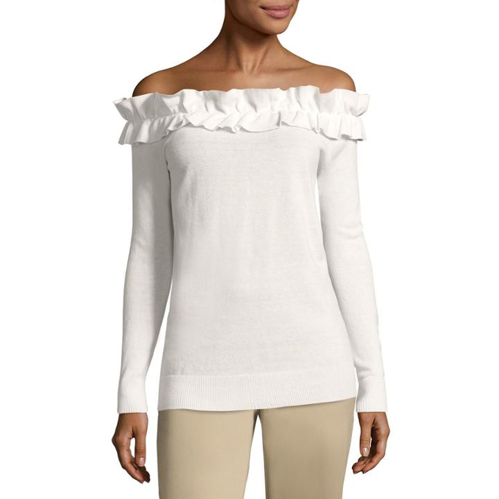 Worthington Long Sleeve Ruffle Off The Shoulder Sweater