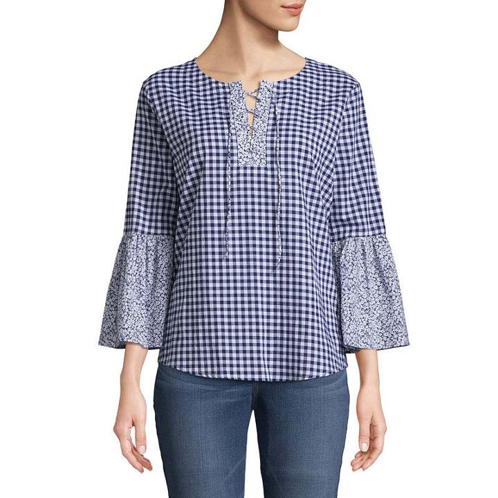 St. John's Bay 3/4 Sleeve Split Crew Neck Dobby Lace Up Blouse