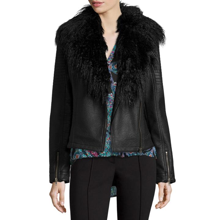 Nicole By Nicole Miller Faux Pleather Biker Jacket With Faux Fur Trim