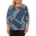 Alfred Dunner Easy Going 3/4 Sleeve Ethnic Patchwork T-shirt-womens Plus