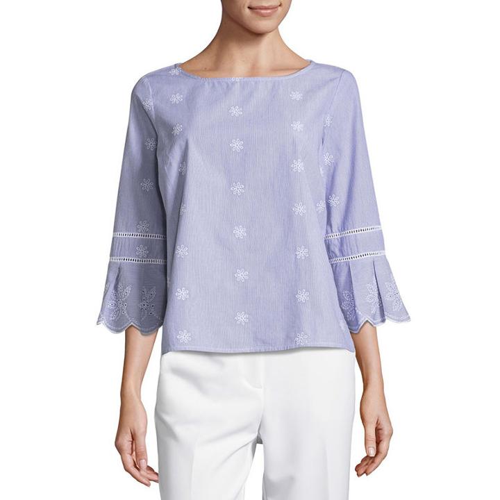 Liz Claiborne Scalloped Sleeve Embroidered Shirt