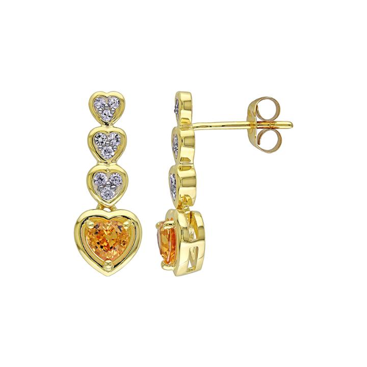 Genuine Yellow And White Sapphire Heart-shaped Drop Earrings