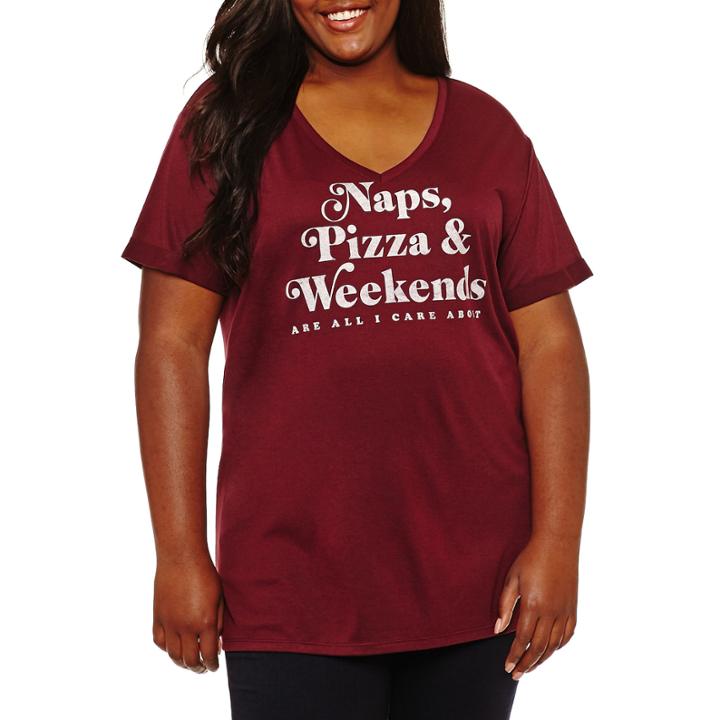 Short Sleeve V Neck Naps, Pizza, Weekends T-shirt- Juniors Plus