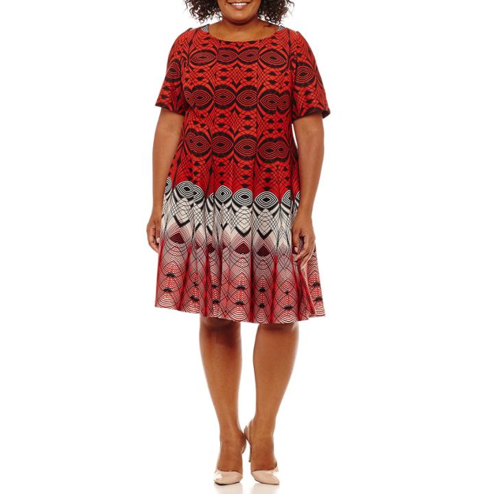 Danny & Nicole Elbow Sleeve Circles Fit & Flare Dress-plus