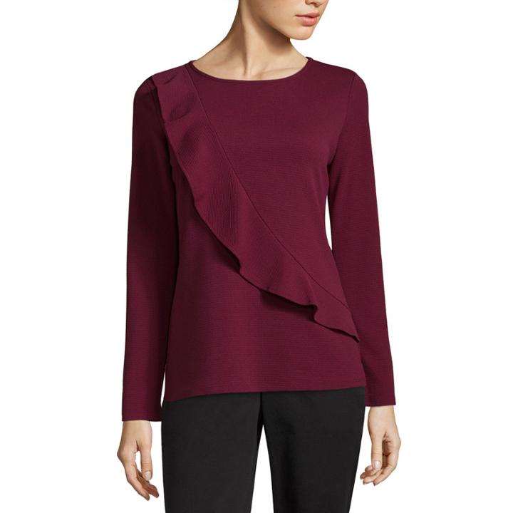 Liz Claiborne Long Sleeve Ruffle Front Blouse-womens