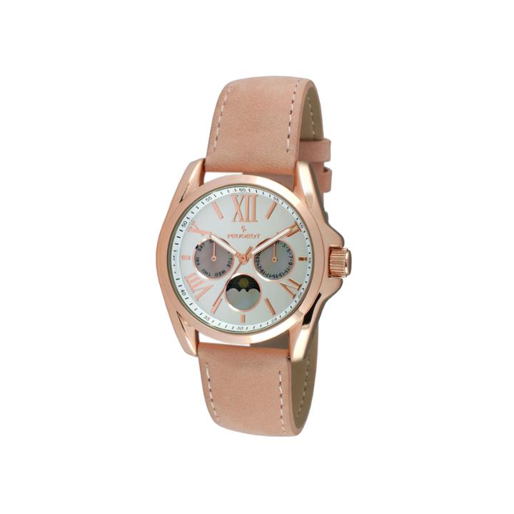 Peugeot Women's Rose Tone Multi-function Pink Suede Strap Watch