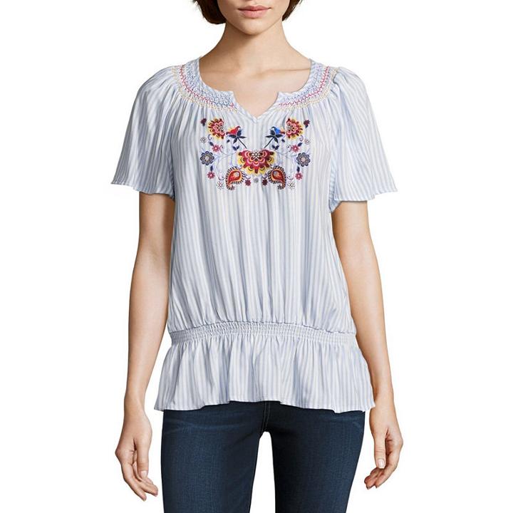 Liz Claiborne Embroidered Short Sleeve Raglan Sleeve Stripe Peasant Top