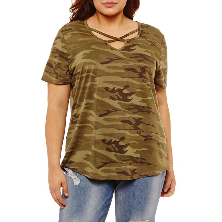 Short Sleeve Y Neck Camouflage T-shirt-womens Juniors Plus