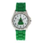 Womens Crystal-accent Christmas Tree Green Silicone Strap Watch