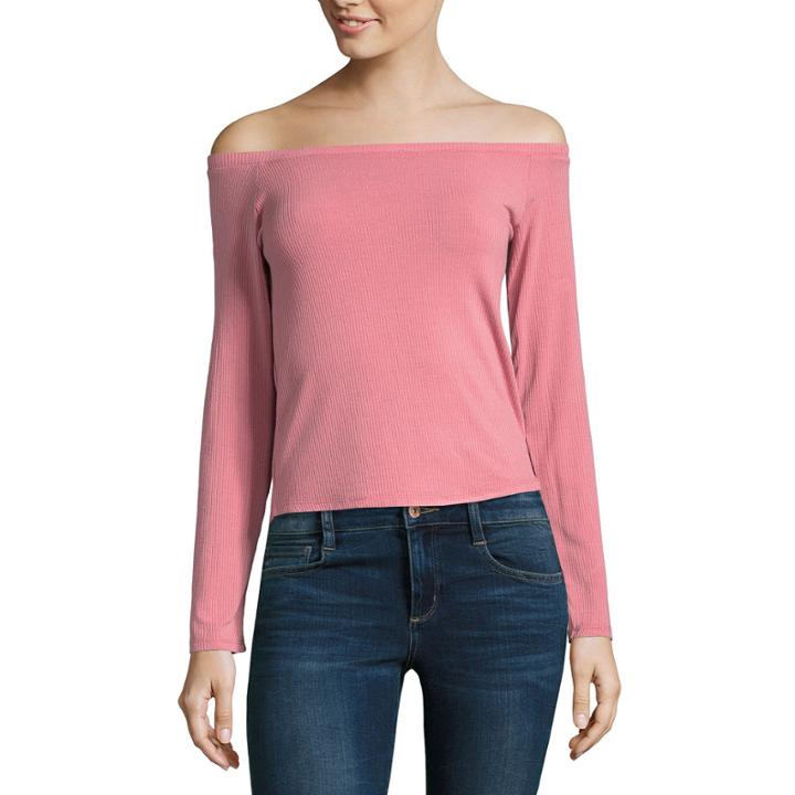 Arizona Long Sleeve Straight Neck T-shirt-womens Juniors