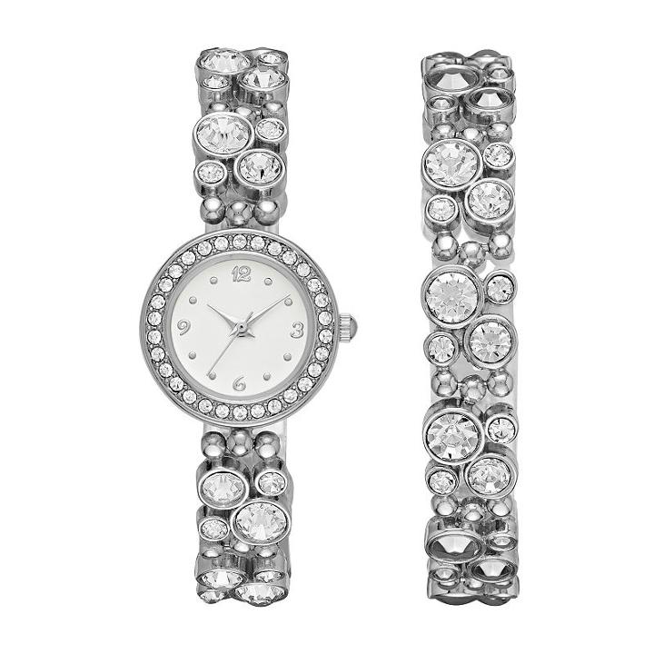 Geneva Womens Silver-tone Glitz Boxed Watch Set