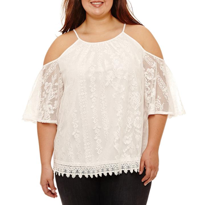 By & By Short Sleeve Round Neck Woven Blouse-juniors Plus