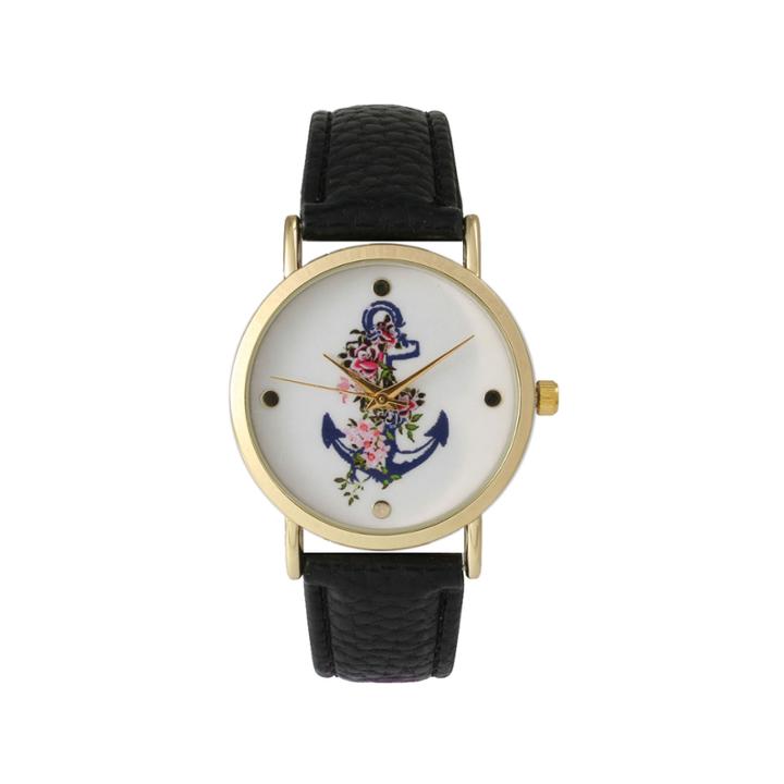 Olivia Pratt Womens Floral Anchor Dial Black Leather Watch 15004