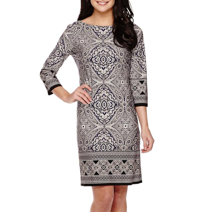 London Style Collection 3/4-sleeve Medallion Print Shift Dress