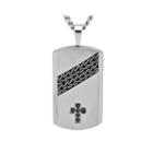 Black Cubic Zirconia & Stainless Steel Cross Dog Tag Pendant Necklace