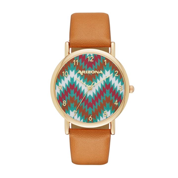 Arizona Womens Gold Tone Chevron Dial Brown Strap Watch