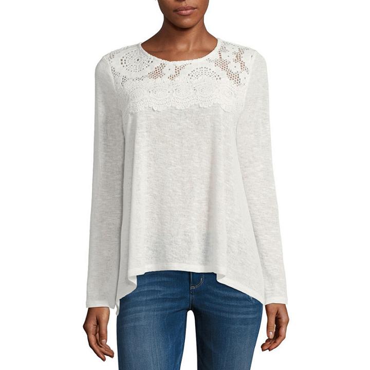 Eyeshadow Long Sleeve Scoop Neck Pullover Sweater-juniors