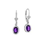 Oval Genuine Amethyst 14k White Gold Leverback Earrings