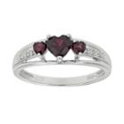 Genuine Garnet & Diamond-accent Heart-shaped 3-stone Sterling Silver Ring