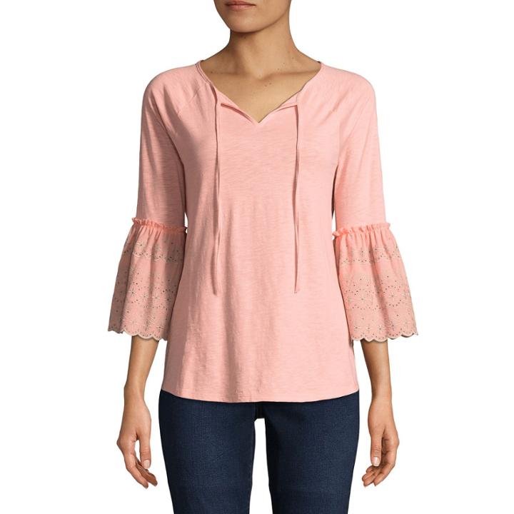 St. John's Bay 3/4 Sleeve Split Crew Neck Slubbed Eyelet Blouse- Talls