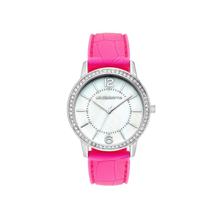 Liz Claiborne Womens Pink Crocodile Silicone Strap Watch