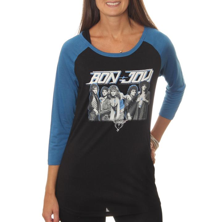 Bon Jovi Juniors' Band Group Pose Drapey 3/4 Sleeve Graphic Baseball T-shirt