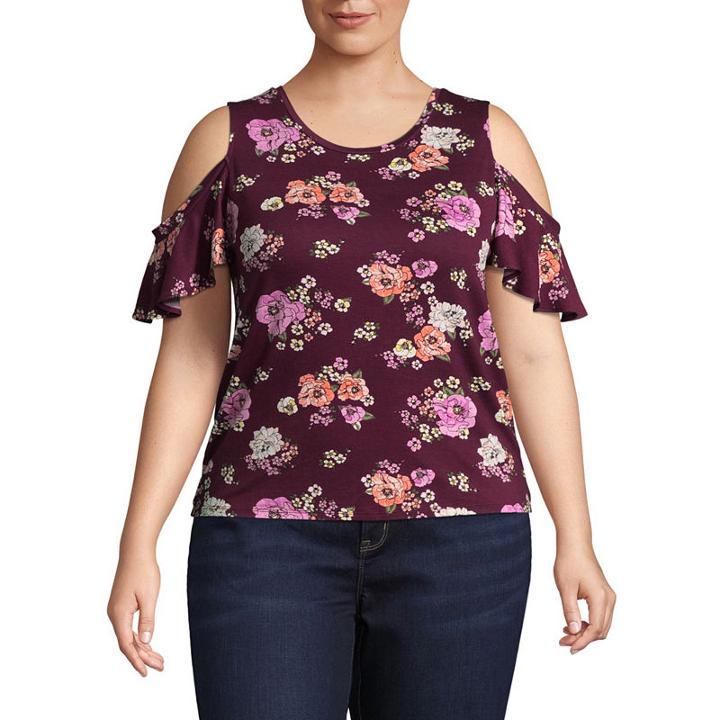 Arizona Cold Shoulder Ruffle Knit T-shirt- Juniors Plus
