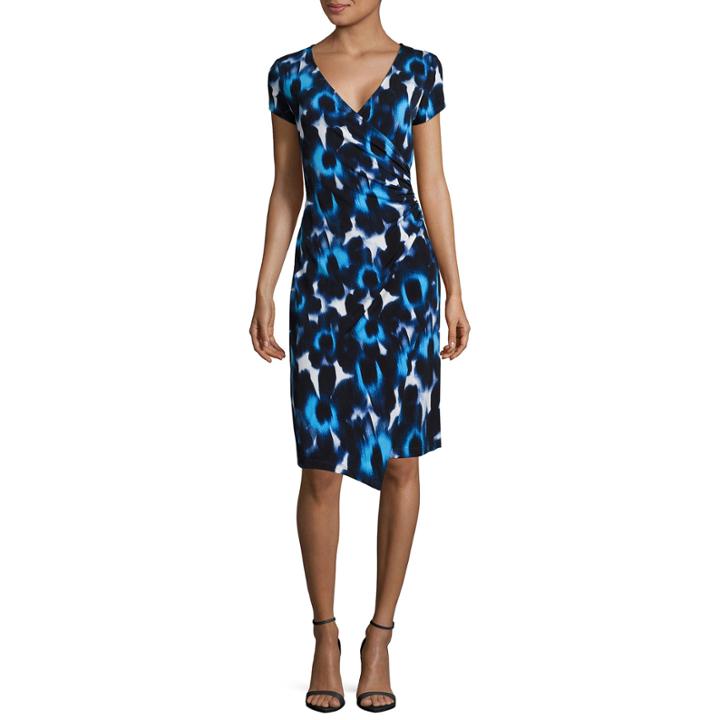 London Times Short Sleeve Faux-wrap Fit And Flare Dress