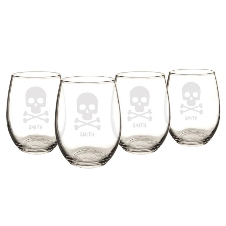 Cathy's Concepts Personalized Skull & Crossbones Set Of 4 Stemless Wine Glasses