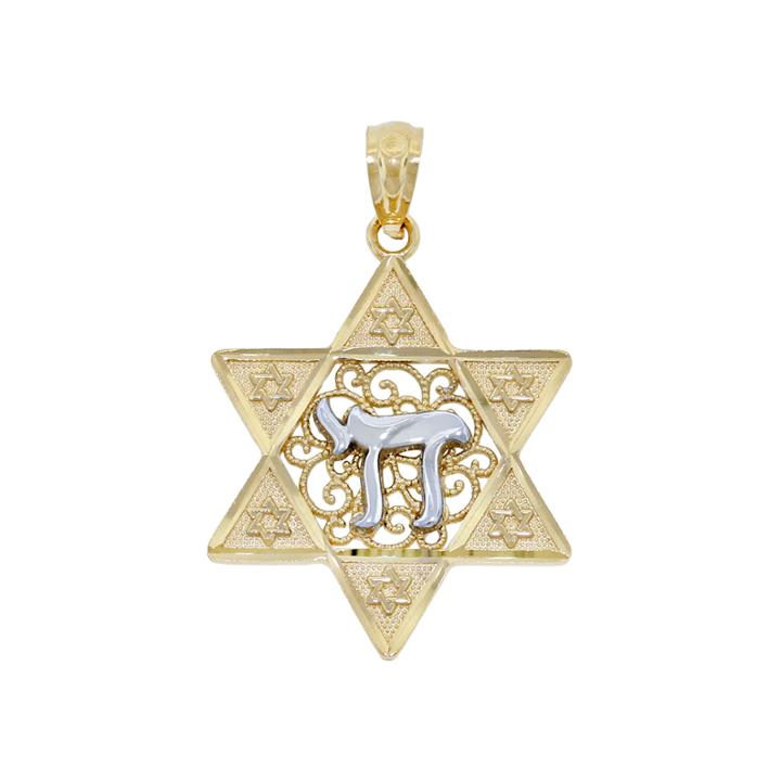 14k Two-tone Gold Star Of David With Chai Charm Pendant