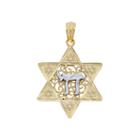 14k Two-tone Gold Star Of David With Chai Charm Pendant