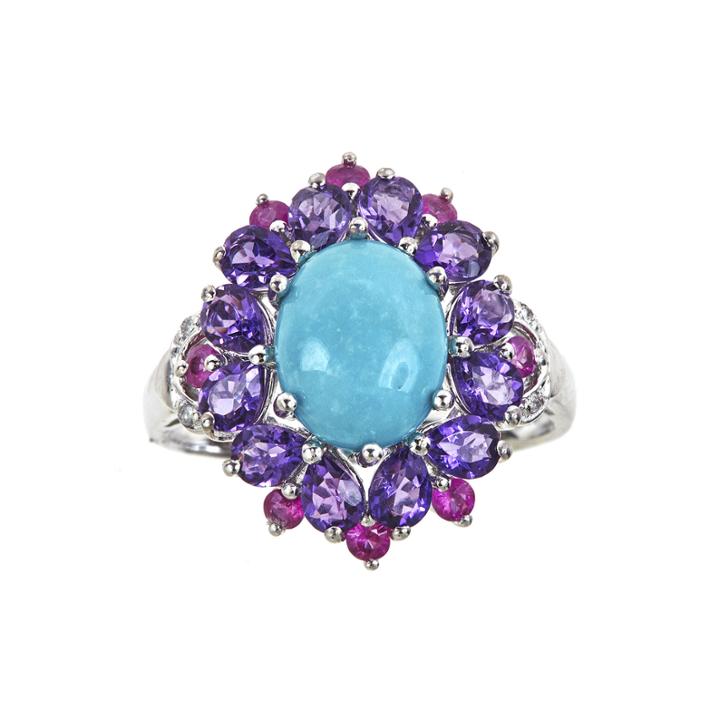 Limited Quantities Genuine Turquoise And Amethyst Flower Ring