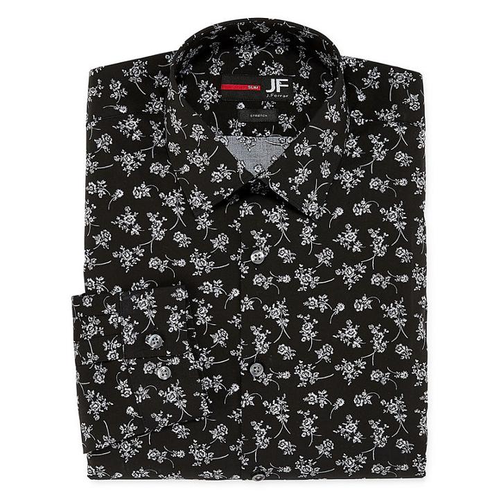 Jf J.ferrar Easy-care Solid Big And Tall Long Sleeve Broadcloth Floral Dress Shirt