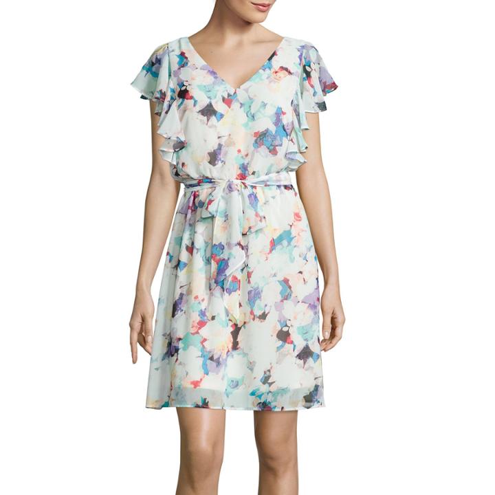 Signature By Sangria Flutter-sleeve Floral Print Chiffon Dress
