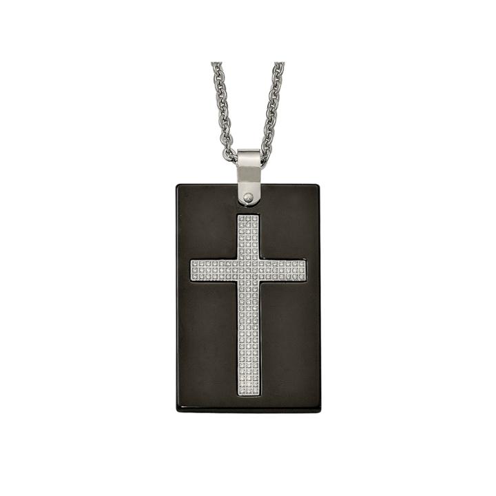 Mens Cubic Zirconia Stainless Steel & Black Ceramic Cross Pendant