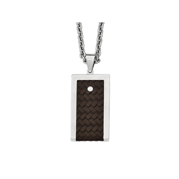 Mens Stainless Steel & Brown Leather Pendant